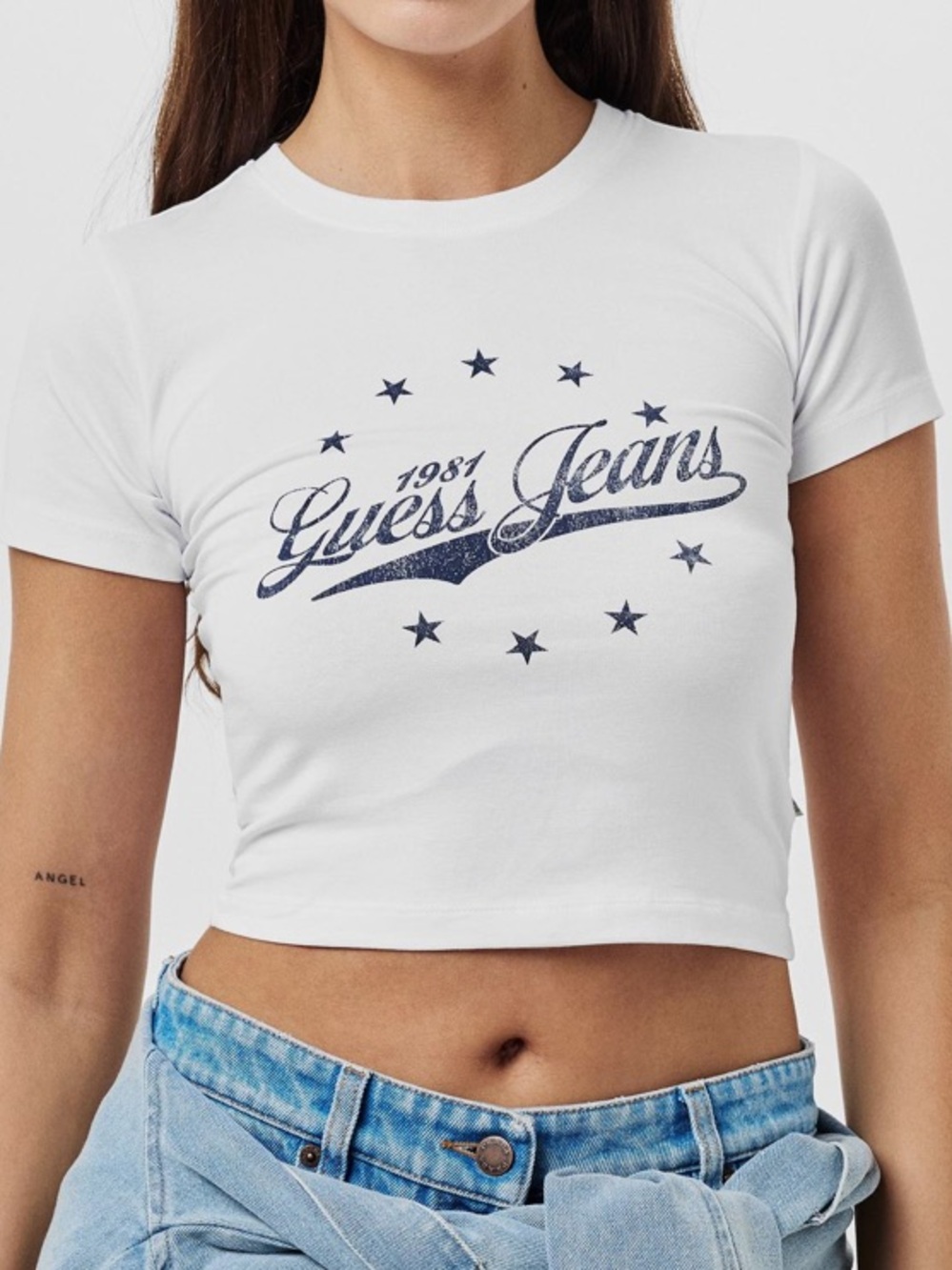 Guess cropped white blue logo baby tee - size small